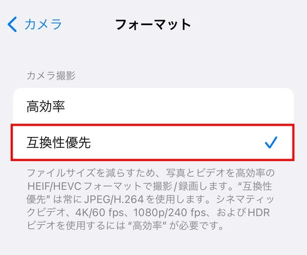 iPhone/iPadの写真のフォーマット設定説明画像