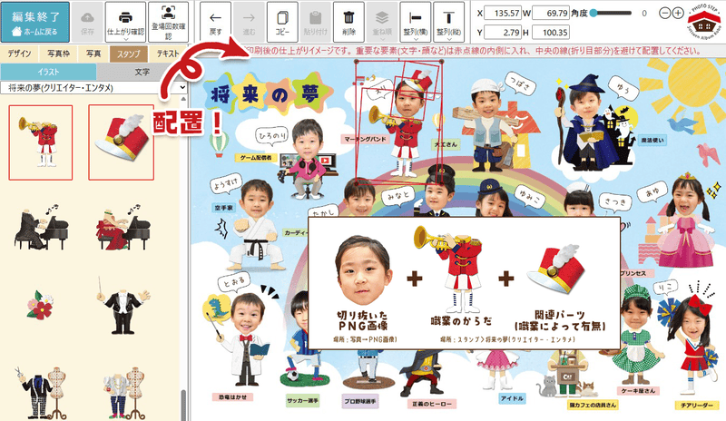 将来の夢着せ替えイラストを編集ツールに配置する説明画像