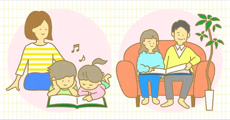 卒園アルバムを親子で見返しているイラスト