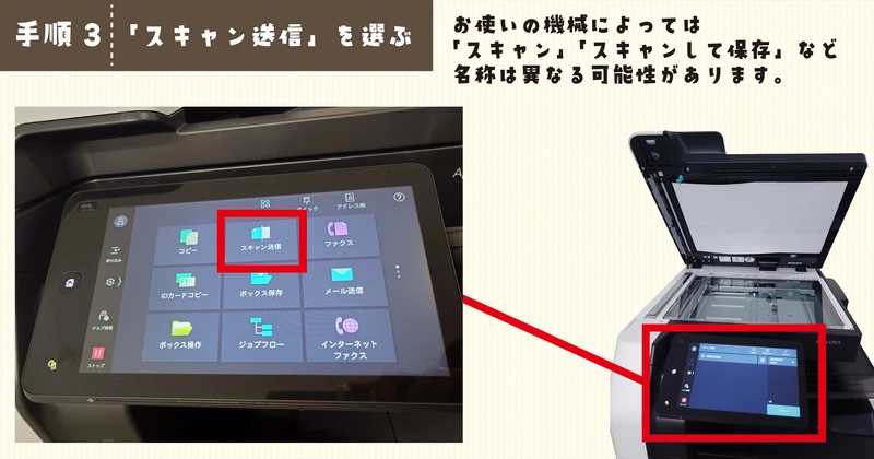 ホーム画面から「スキャン送信」を選びます
の説明画像