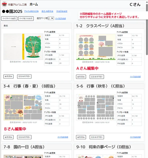 卒園アルバムを複数人で同時に編集・作成するためのページ分担画面イメージ