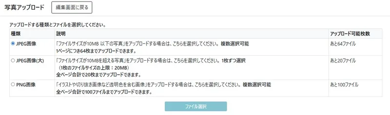 アップロード画面のスクリーンショット画像(アップロード可能なファイルの内訳)