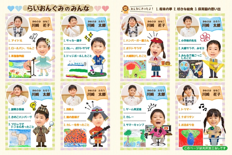 見開き8名テンプレートに園児の衣装写真、将来の夢、思い出の回答を載せたレイアウト完成例