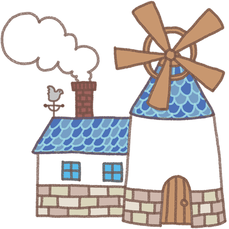 風車と煙突のある家のイラスト かわいい無料素材 イラスト工房